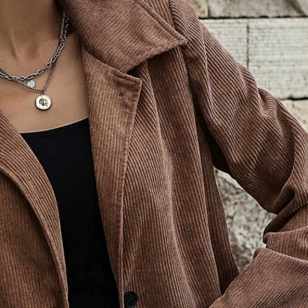 boho pactch pocket button front corduroy jacket coat casual streetwear brown - Picture 4 of 6